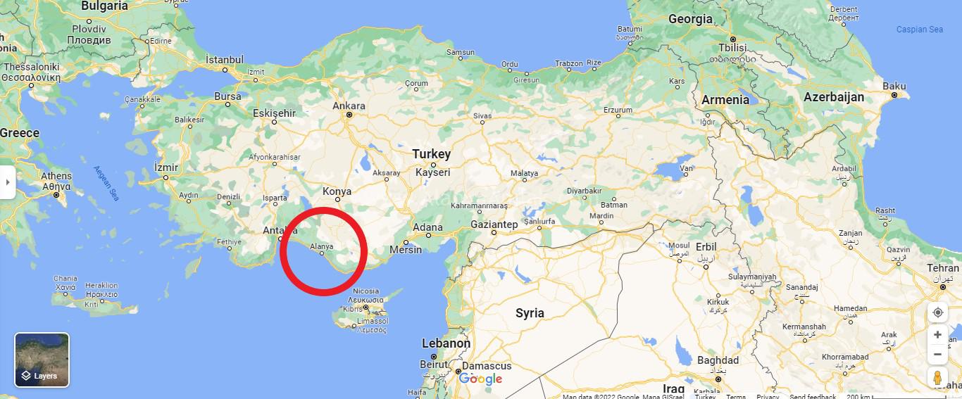 آلانیا روی نقشه ترکیه